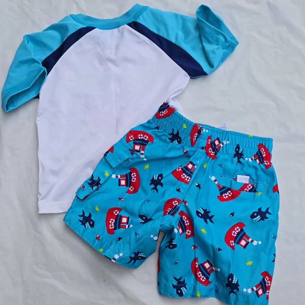 Wave Zone Toddler Boat Rash Guard & Swim Shorts Set - Turquoise, White, Red 18 M